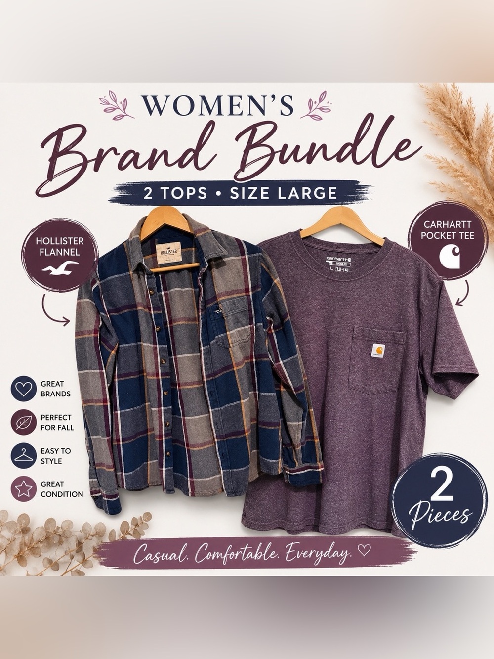 Women’s Hollister Flannel & Carhartt Pocket Tee Bundle Size Large